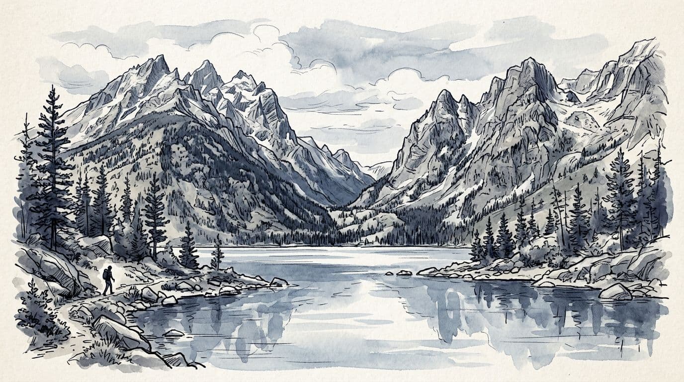 Hand-drawn sketch-like illustration of Cascade Canyon featuring a calm alpine lake like Jenny Lake in the foreground with reflective blue-grey water, sharp Teton peaks in the background, and a tiny hiker silhouette near the shore for scale.