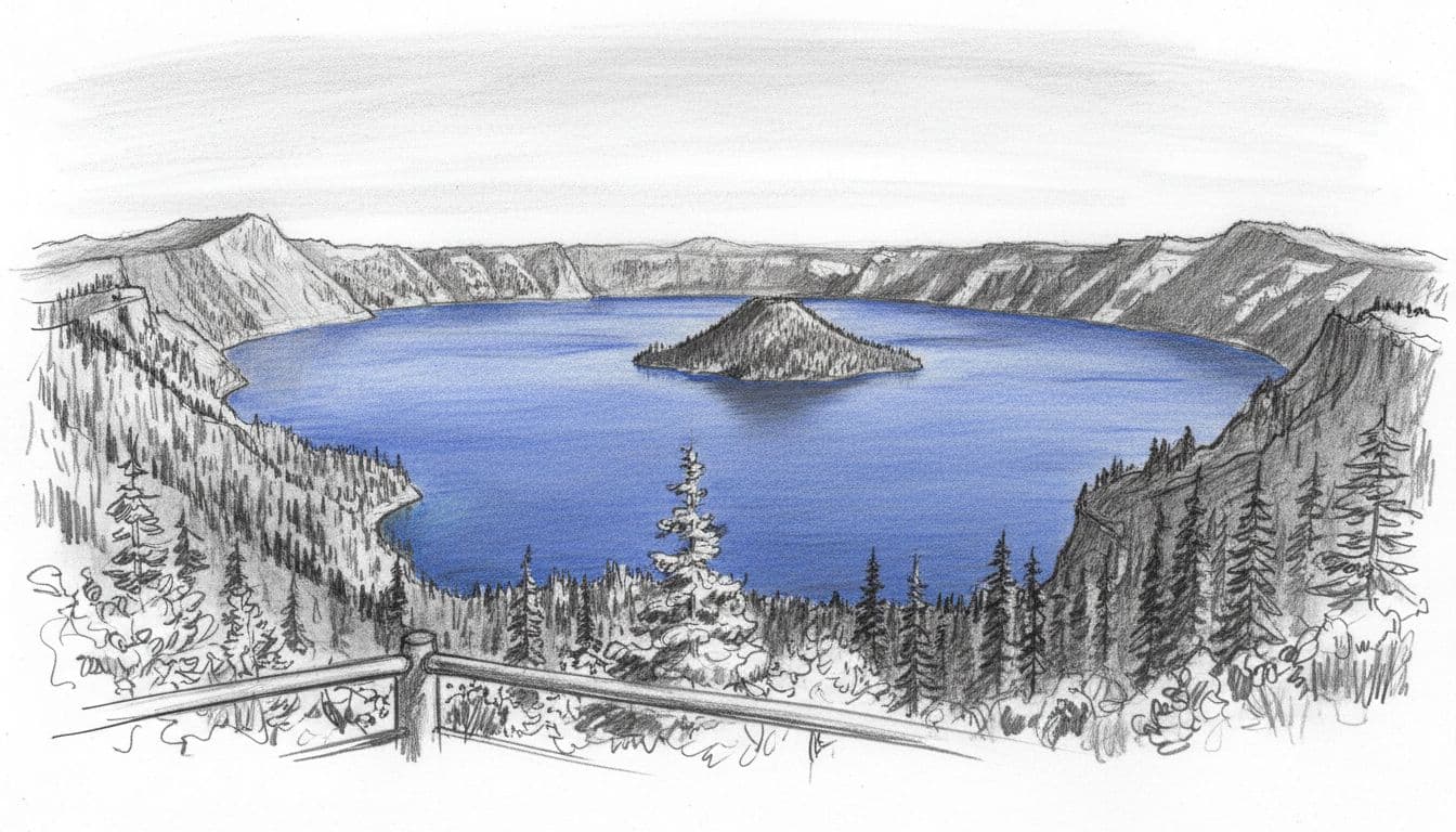 Hand-drawn graphite sketch depicting a panoramic view of Crater Lake from the rim drive overlook, with deep blue water in the caldera surrounded by steep forested cliffs under a clear sky.