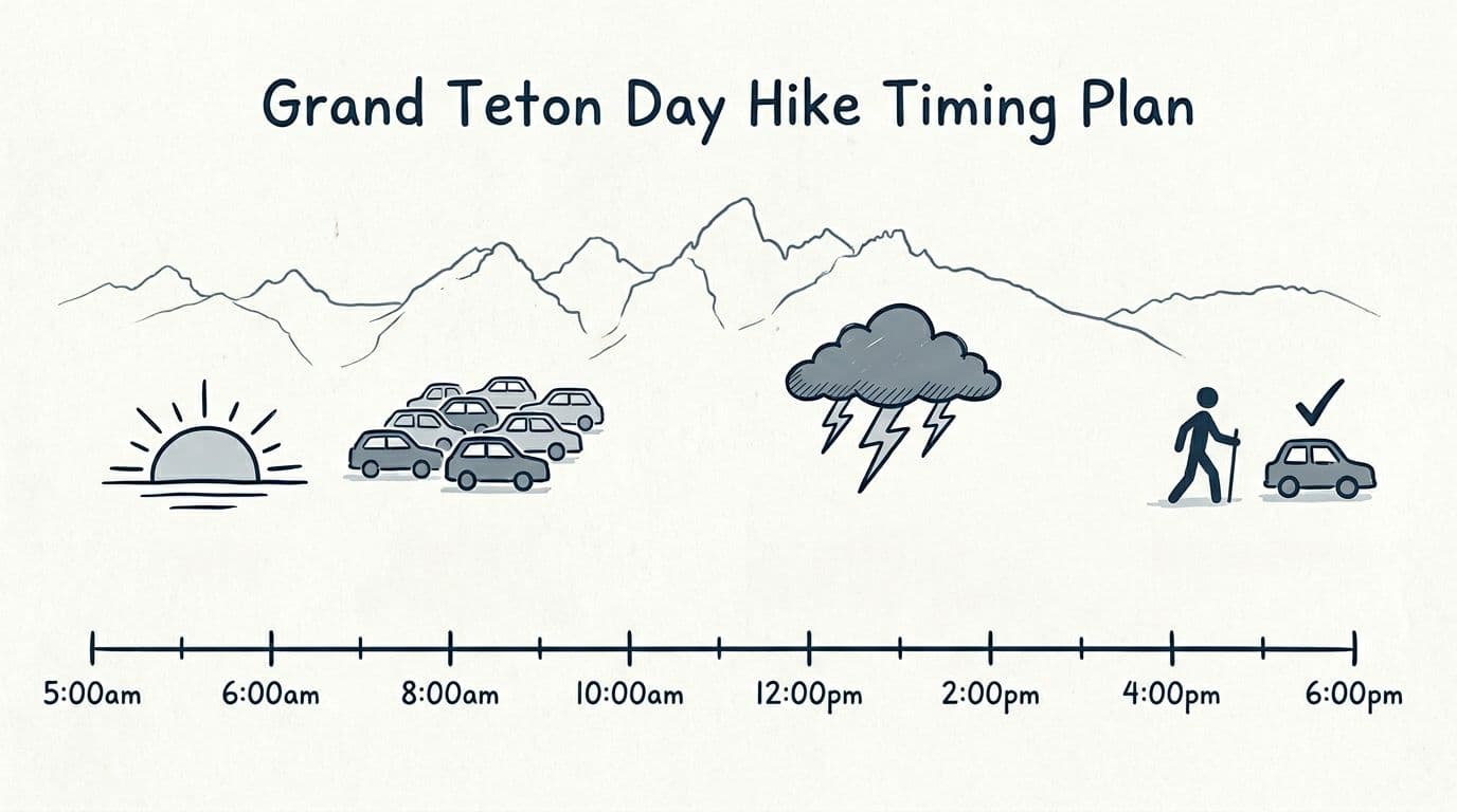 Hand-drawn minimalist field-journal style infographic featuring a simple timeline from 5:00am to 6:00pm for a Grand Teton day hike, with icons for sunrise, parking, thunderstorms, and return, set against a Teton Range silhouette using blues, greys, and subtle paper texture.