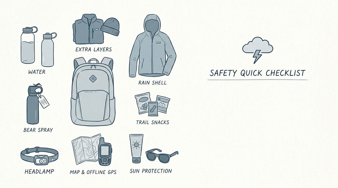 Hand-drawn minimalist field-journal style illustration of essential gear and quick safety checklist for Grand Teton day hikes, using blues, greys, and subtle paper texture with weather icons.