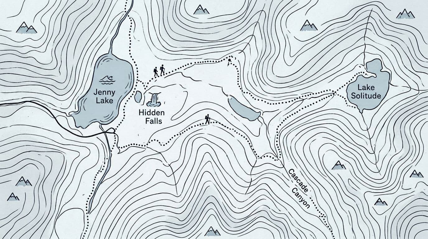 Stylized hand-drawn illustration of a mini trail map for Grand Teton National Park's Jenny Lake area, depicting a one-day hiking loop with landmarks including Cascade Canyon, Inspiration Point, Hidden Falls, and optional Lake Solitude spur using simple contour lines and icons.