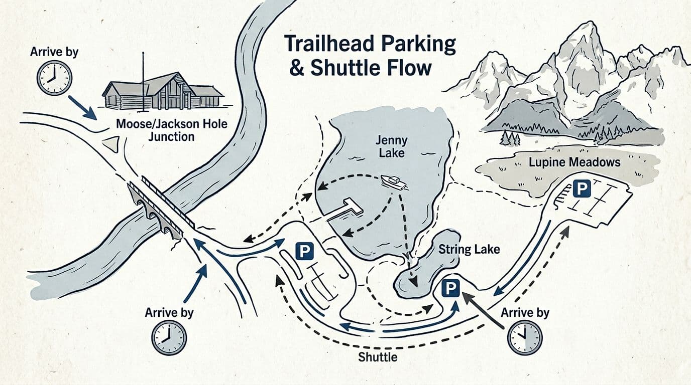 Hand-drawn minimalist field-journal style sketch illustrating trailhead parking and shuttle flow for the Moose-Jenny Lake area in Grand Teton, with key nodes, arrows for driving, parking, shuttle, and boat options in blues, greys, and subtle paper texture.