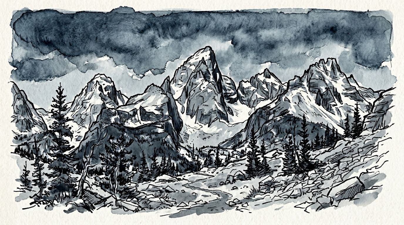 Bold minimalist hand-drawn illustration of Cathedral Group Teton skyline with jagged granite peaks in cool grey shading under moody blue sky. Foreground features subalpine firs, talus, and a faint trail in a limited cool blue-grey palette.