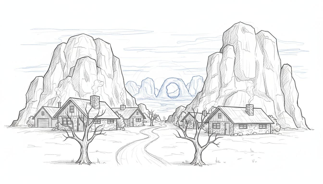 Hand-drawn graphite sketch of cozy cabins nestled among red rock formations in Moab, Utah, with distant Arches National Park arches silhouetted against a sunset sky.