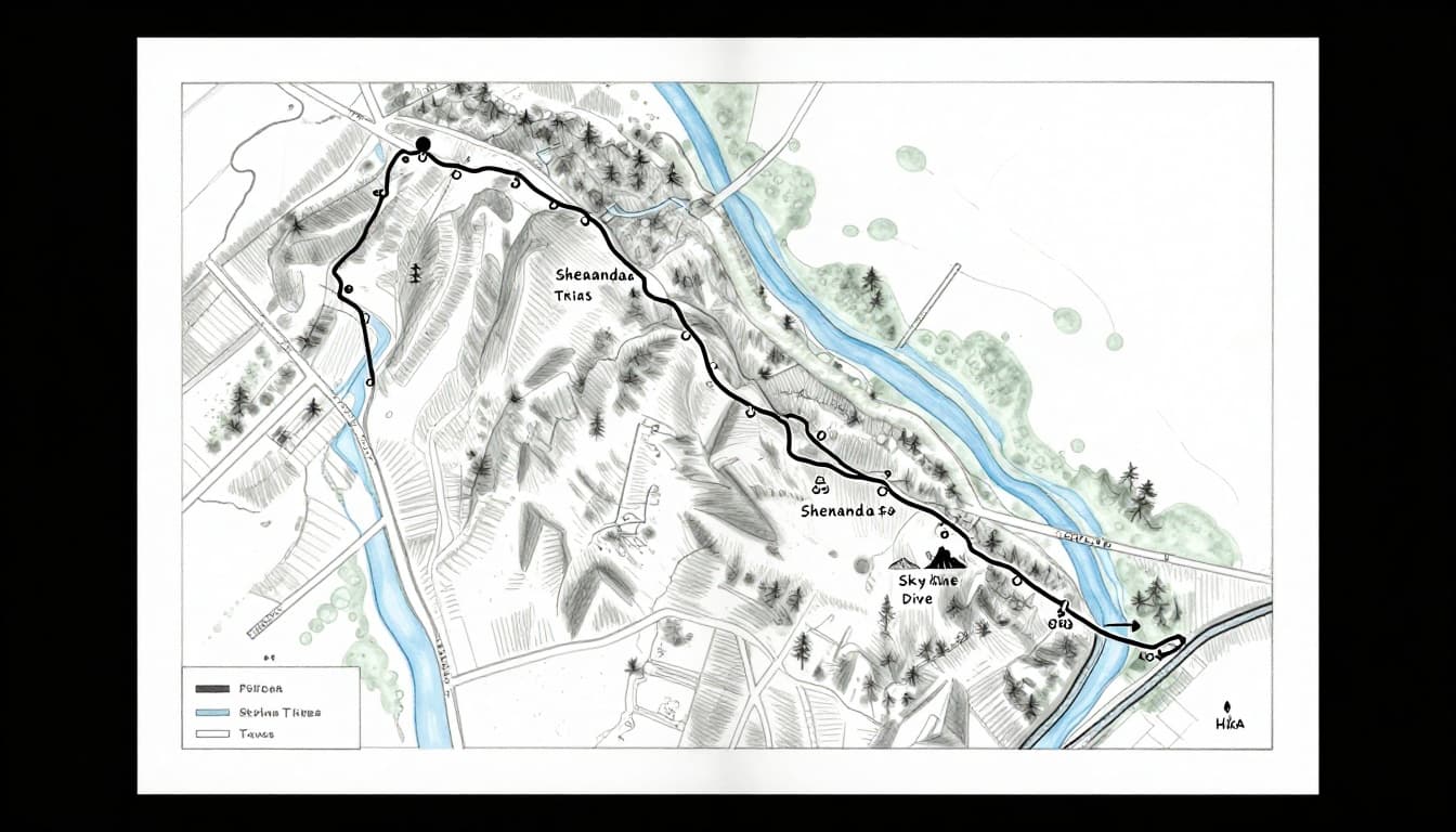 Hand-drawn sketch of a park map highlighting day hike trails off Skyline Drive in Shenandoah, with simple icons for viewpoints and waterfalls on a clean white background.