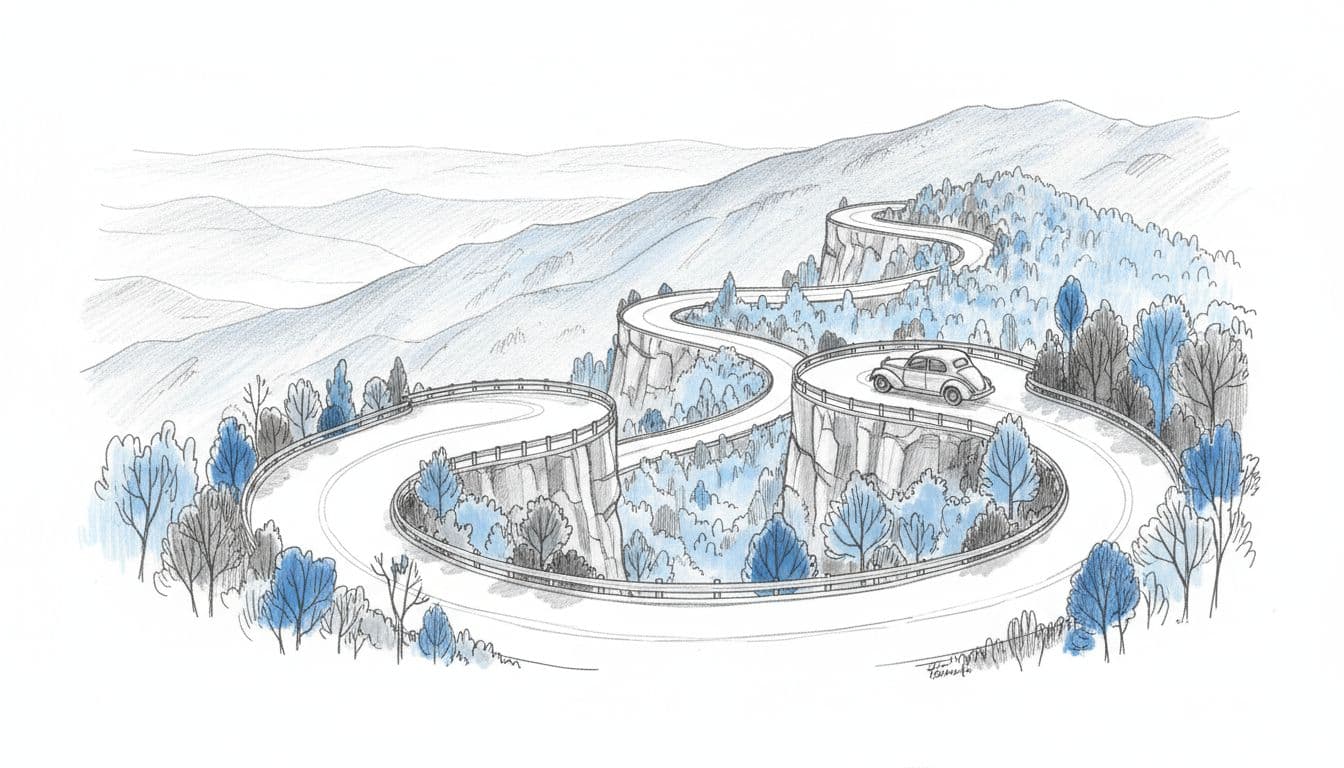 Hand-drawn graphite sketch of Skyline Drive winding through Shenandoah National Park, showing an empty road with one parked car at a scenic overlook, hints of fall foliage, and soft afternoon light.