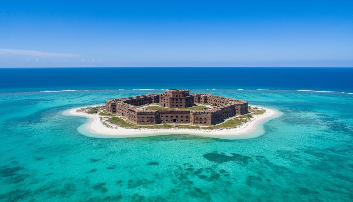 Aerial view of historic brick Fort Jefferson on Garden Key in Dry Tortugas National Park, surrounded by crystal clear turquoise waters and white sand beaches under a vibrant blue sky.