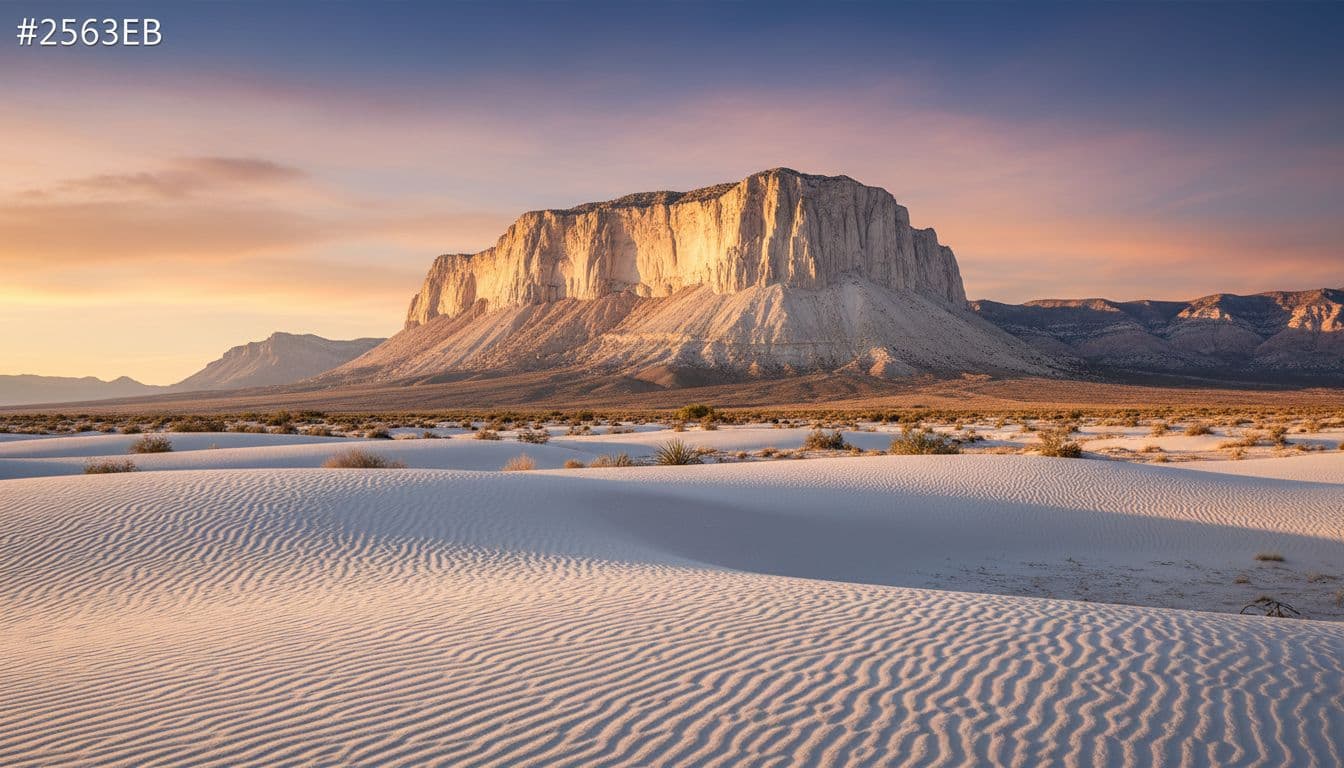 Gypsum sand dunes in foreground with towering El Capitan limestone cliff in background under golden afternoon sunlight.