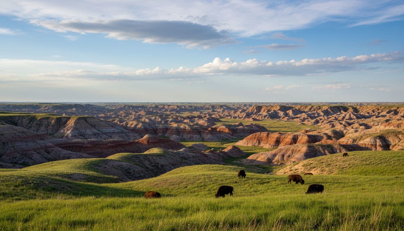 Colorful layered badlands overlook green prairie foreground with scattered bison grazing under partly cloudy blue sky.