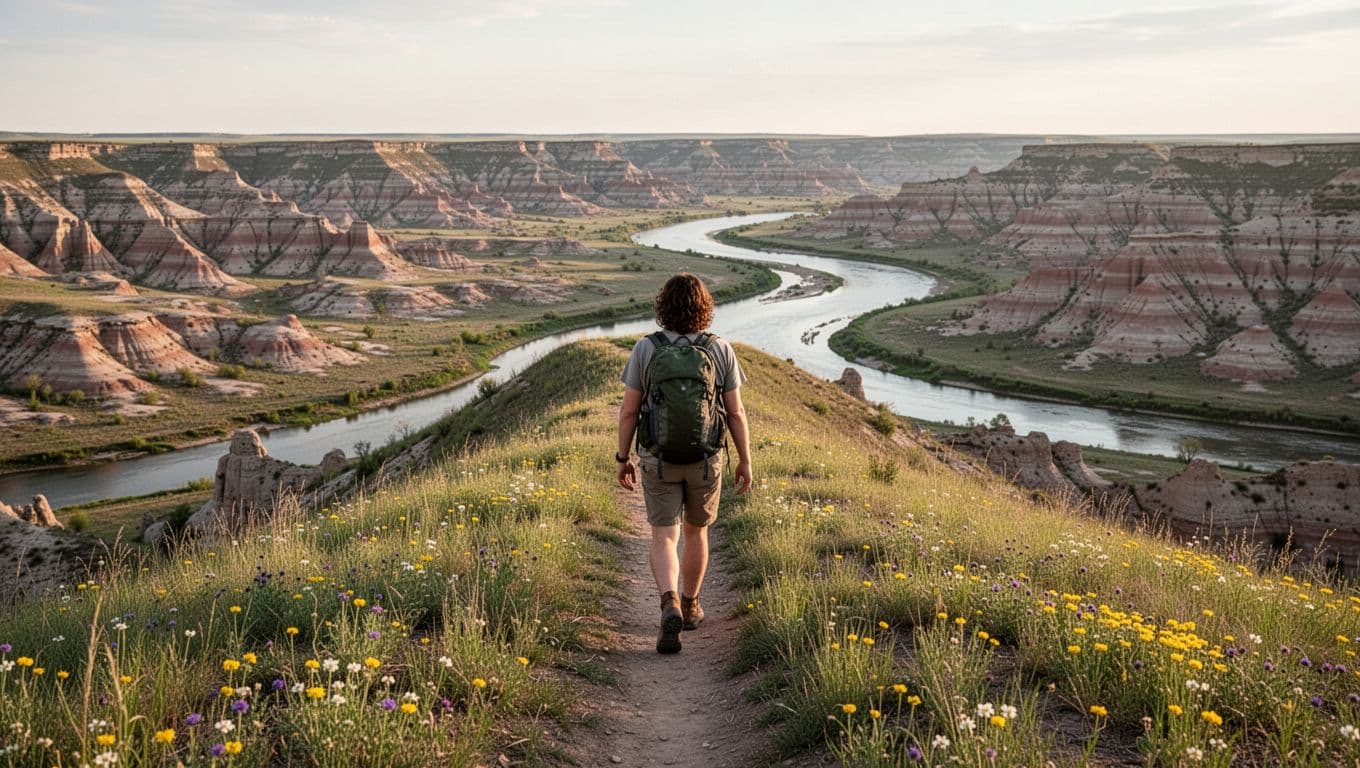 Hiker from behind on grassy path to ridge overlooking Little Missouri River and badlands horizon with spring wildflowers.