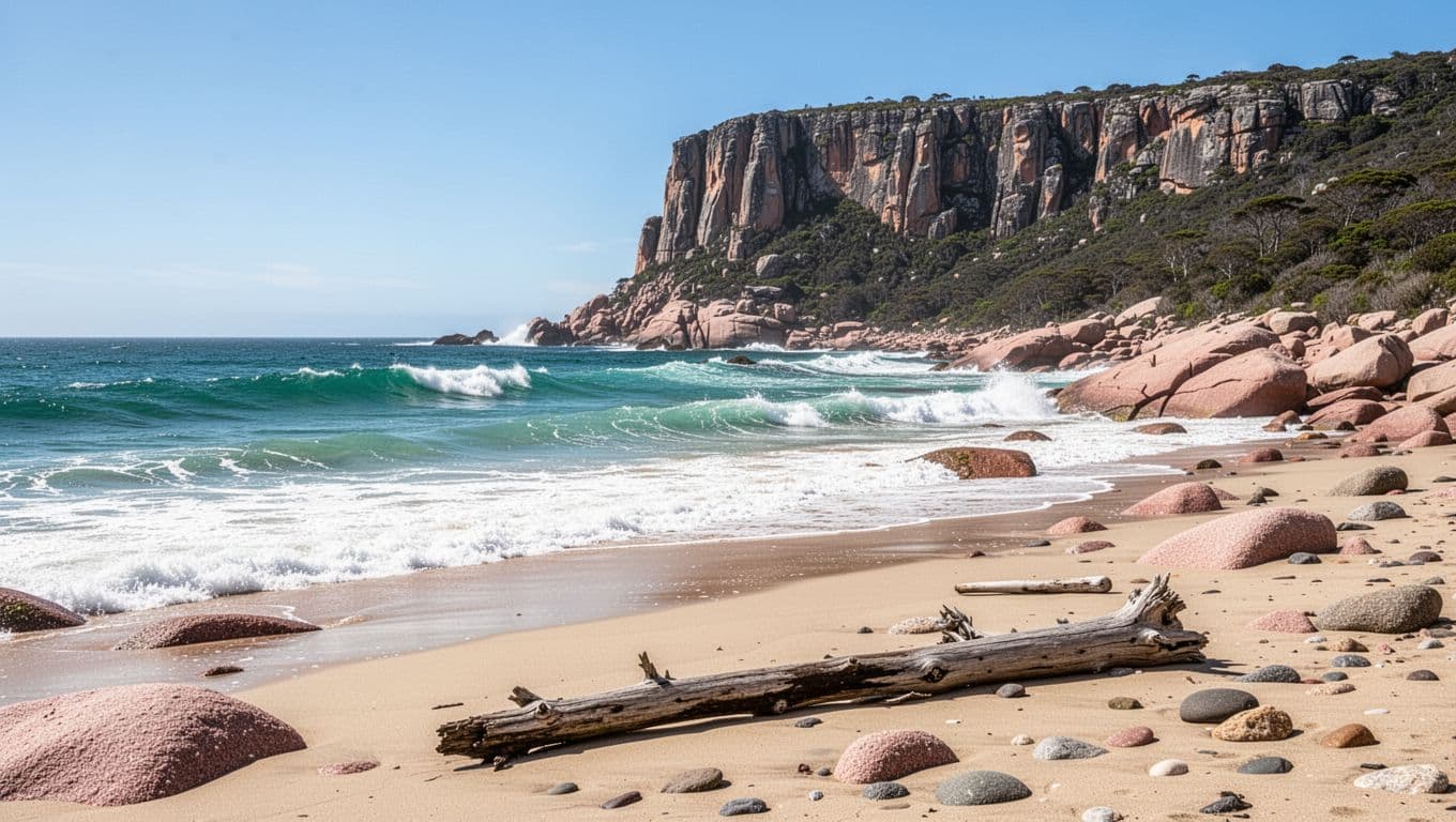 Turquoise waves crash on pink granite shore with sandy beach, driftwood, pebbles, and Great Head cliff in background.
