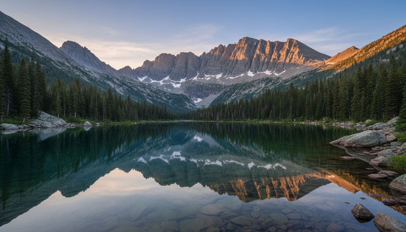Danau pegunungan yang tenang mencerminkan puncak gunung yang tertutup salju dan hutan hijau di bawah sinar matahari pagi.