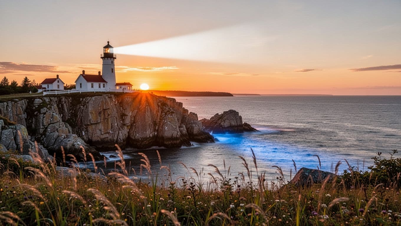 Orange sun dips behind rocky cliffs into ocean at Bass Harbor Head Lighthouse, white light beam over wild grass foreground.