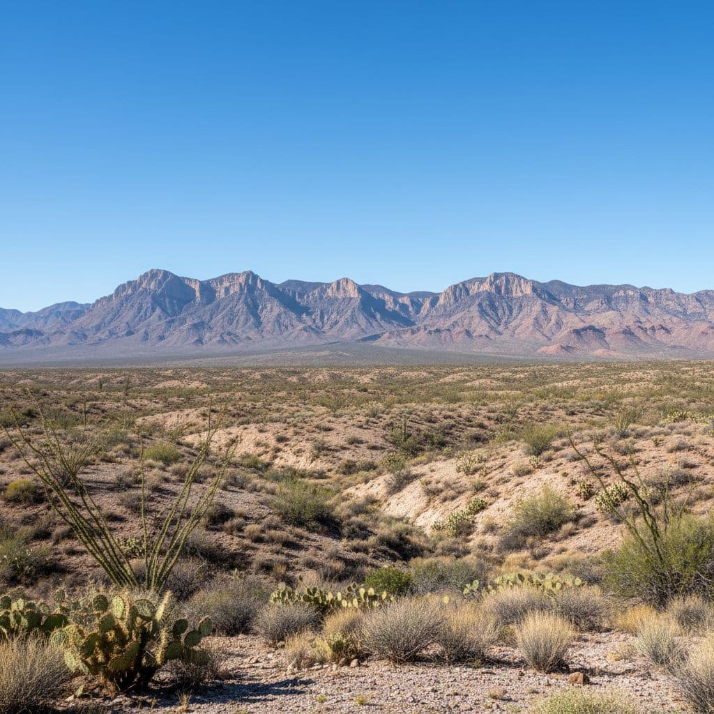 A panoramic desert landscape featuring the Chisos Mountains under a clear blue sky.