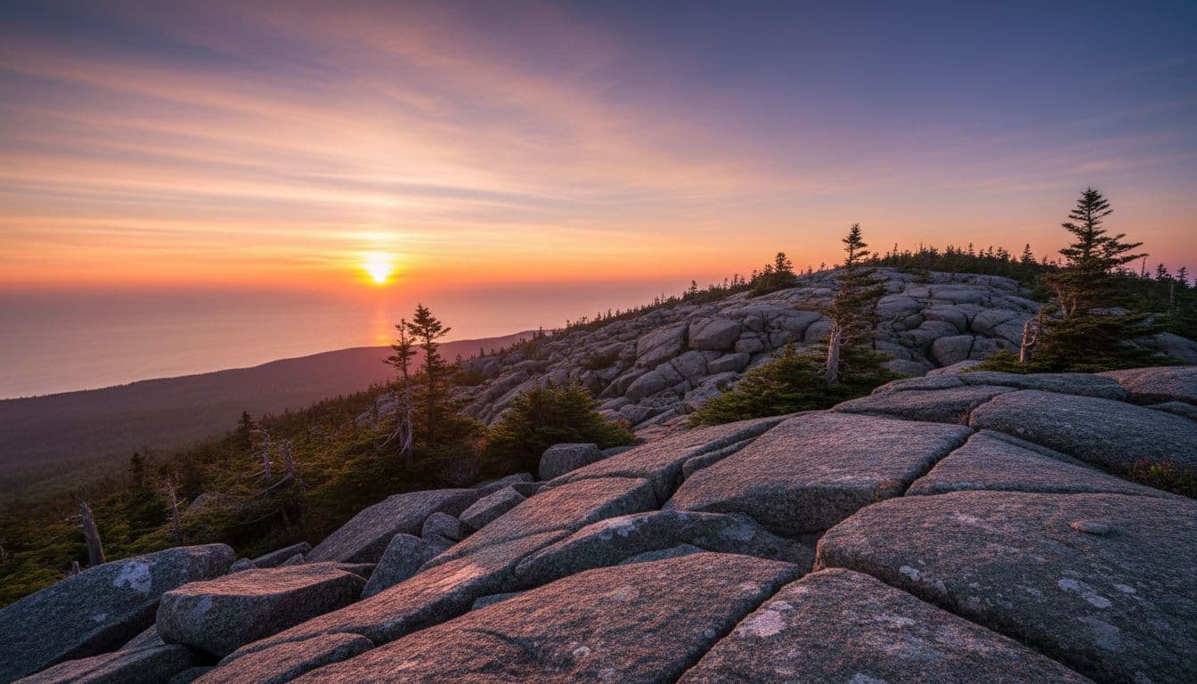 Rocky Cadillac Mountain summit at sunrise with pink-orange skies over ocean horizon and foreground boulders.
