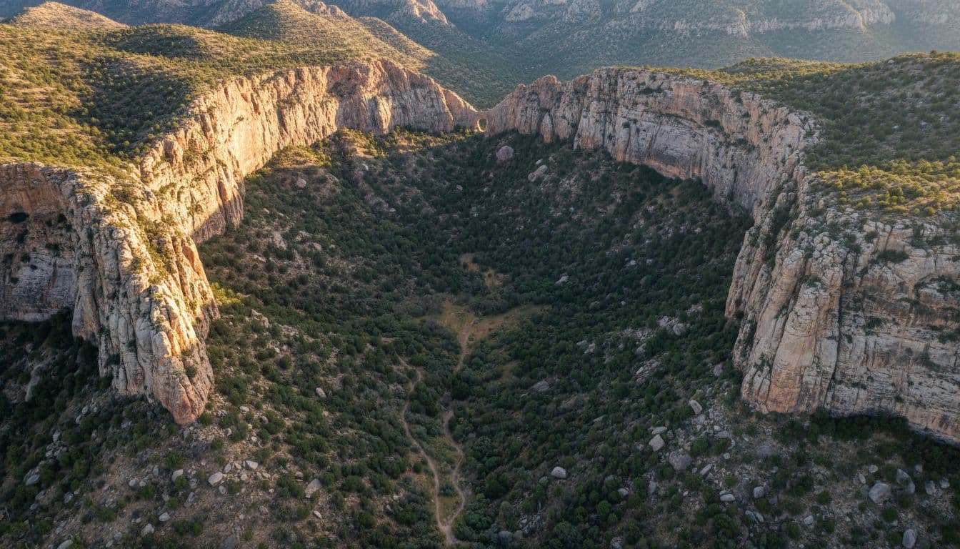 A high-angle view captures the lush Chisos Basin surrounded by rugged rocky mountain peaks in Big Bend.