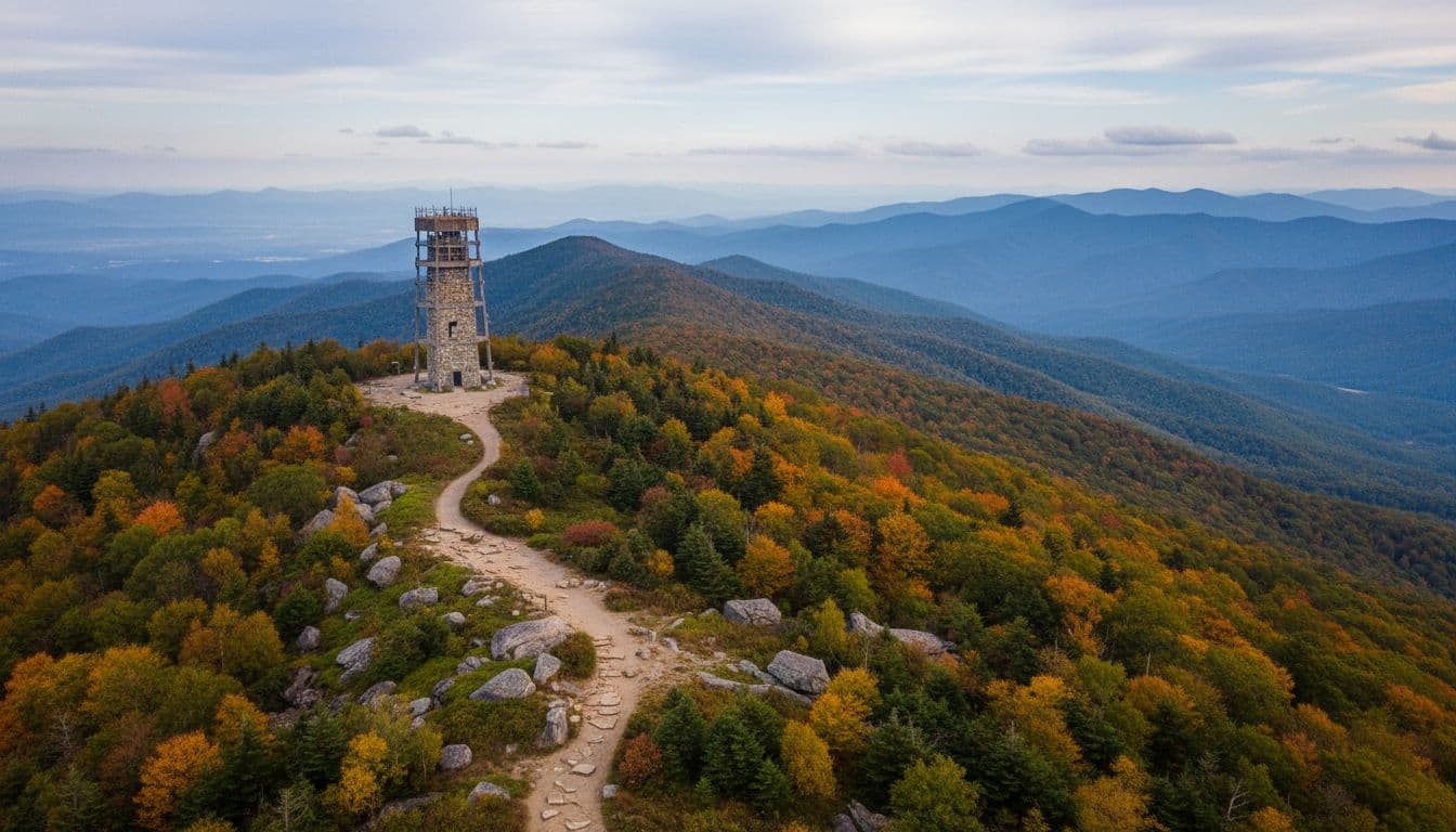 Menara observasi di puncak gunung berhutan dengan pemandangan panorama pegunungan biru berlapis dan warna awal musim gugur.