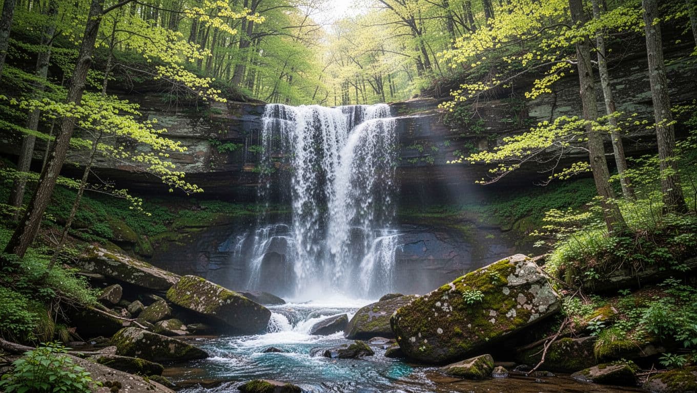 Air terjun jatuh di atas bebatuan berlumut di hutan Shenandoah yang hijau lebat dengan sinar matahari melalui kanopi.