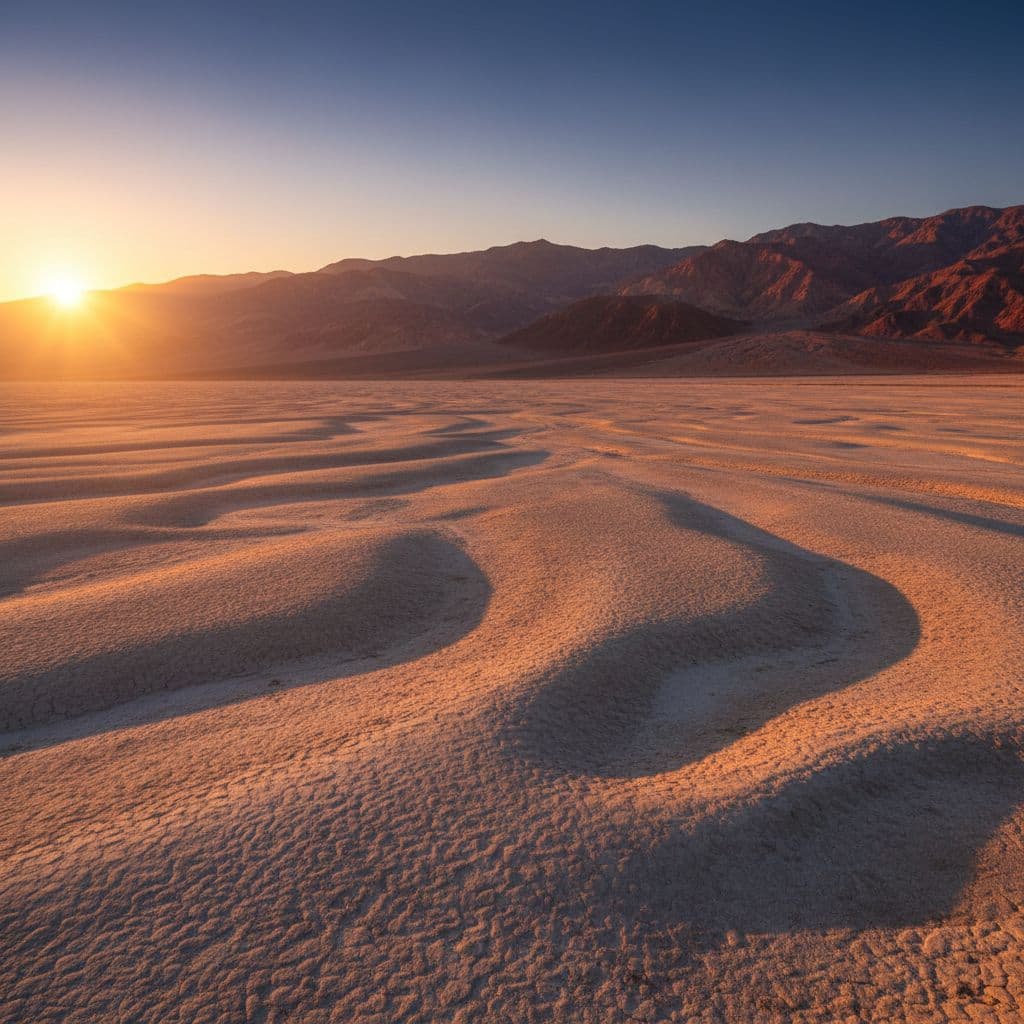 A vast, sun-drenched desert valley stretches toward colorful mountain ranges under a clear blue sky.
