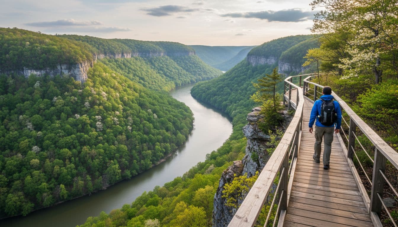 Hiker walks along cliff-edge boardwalk overlooking New River Gorge and river below amid green spring forest.