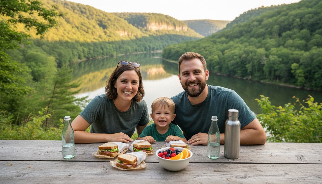 Smiling family of two adults and one child picnics at riverside wooden table with sandwiches, fruit, and water; calm New River and forested banks behind.