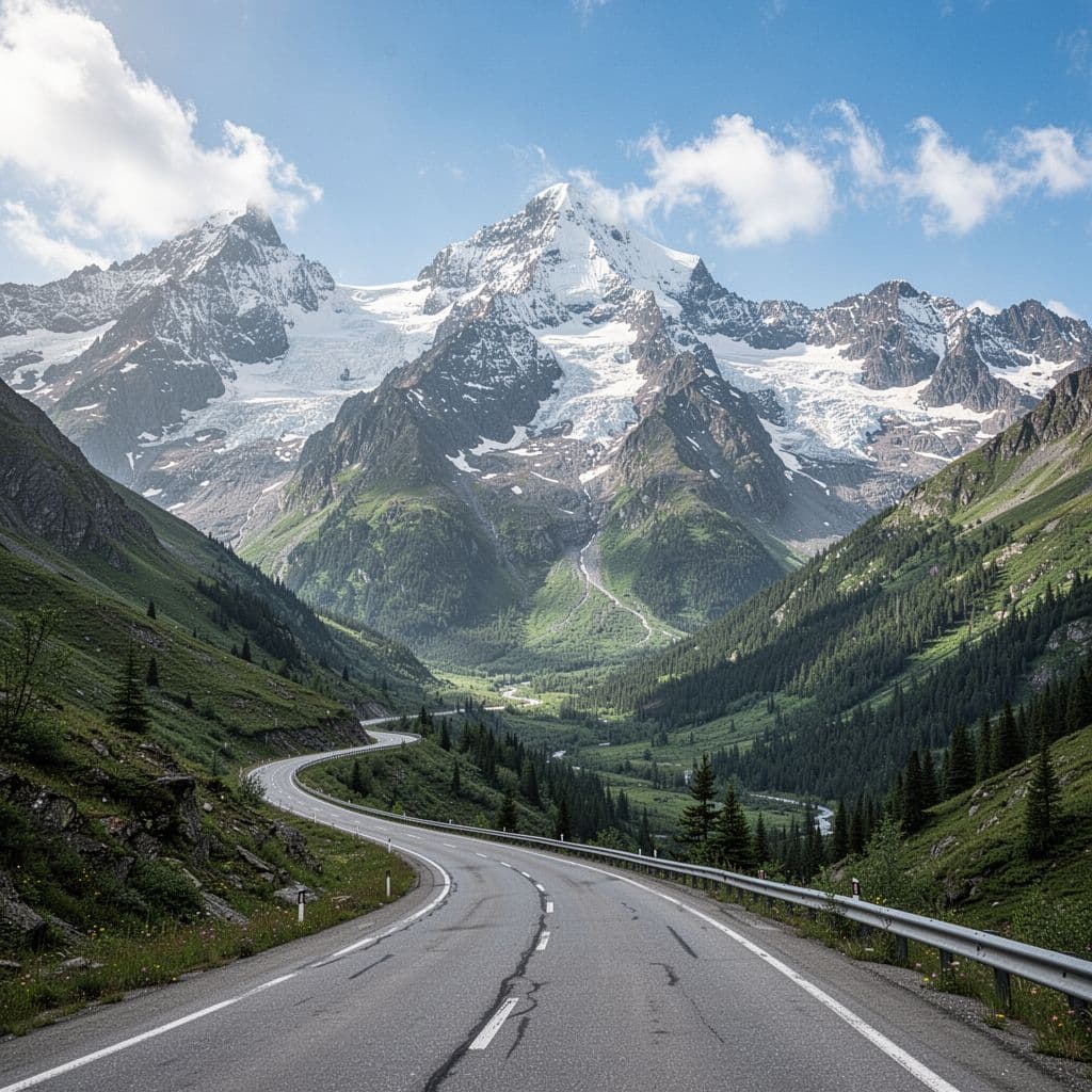 The winding Going-to-the-Sun Road traverses a lush valley beneath towering, snow-dusted mountains in Glacier National Park.