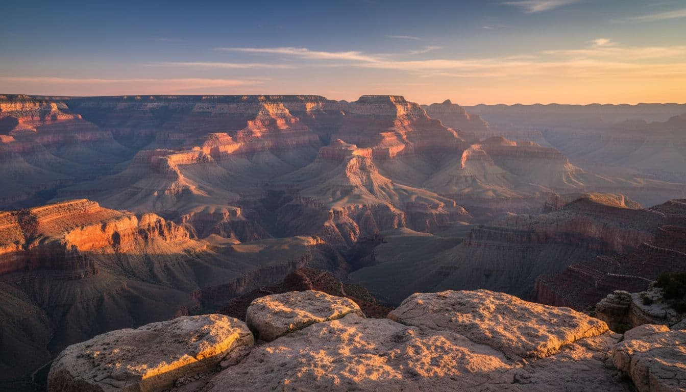 Cahaya keemasan menerangi formasi batuan Grand Canyon yang luas dan berlapis-lapis saat matahari terbenam.