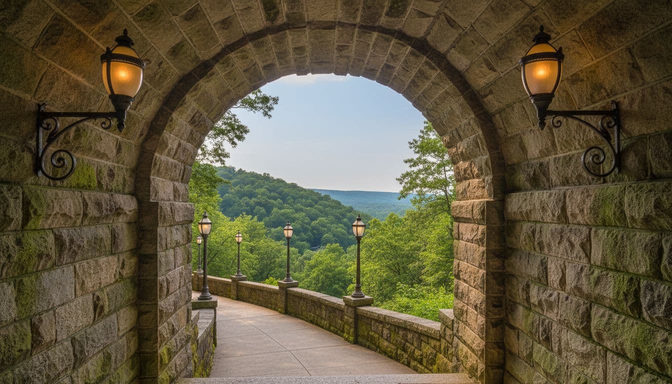 Arched stone path with ornate vintage lamps and mossy walls overlooks forested hillside and valley in warm afternoon sunlight.