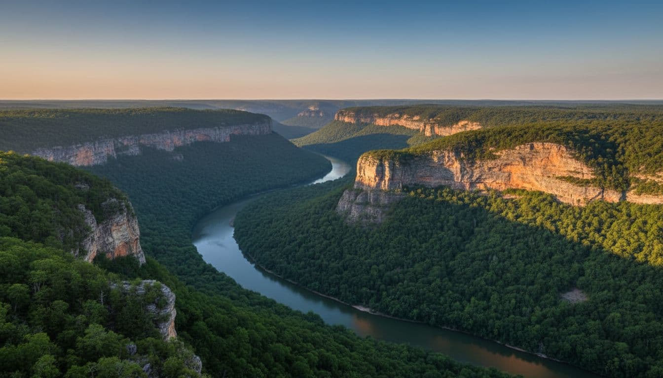 Vast canyon from Grandview shows layered rock cliffs, winding New River, dense green forest in golden afternoon light.