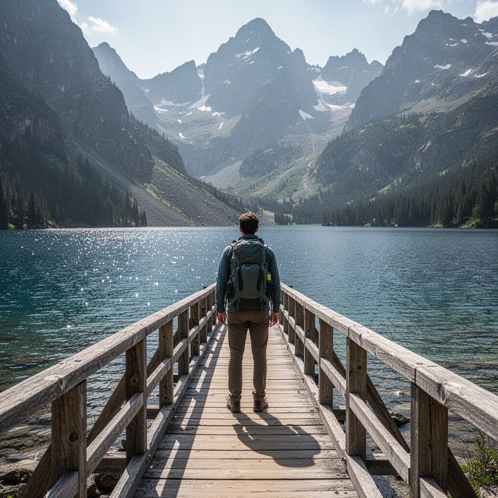 A hiker stands on a wooden boardwalk observing the clear blue waters of Hidden Lake framed by alpine mountains.