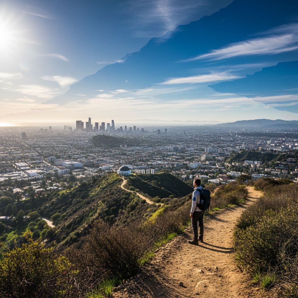 A solitary hiker stands on a dirt path overlooking the sprawling Los Angeles skyline.