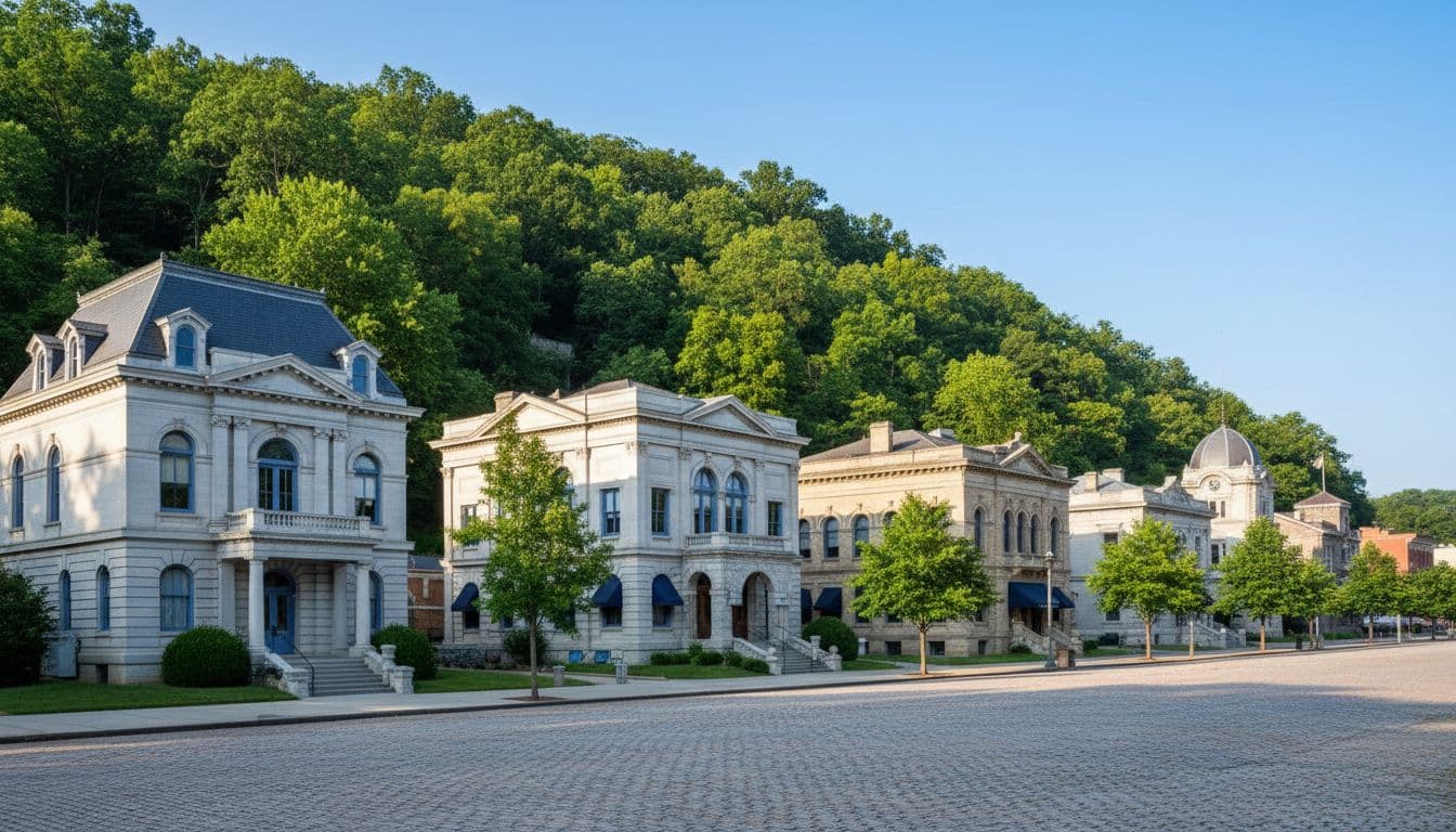 Row of historic bathhouses lines tree-lined street with green hillside under morning sunlight.