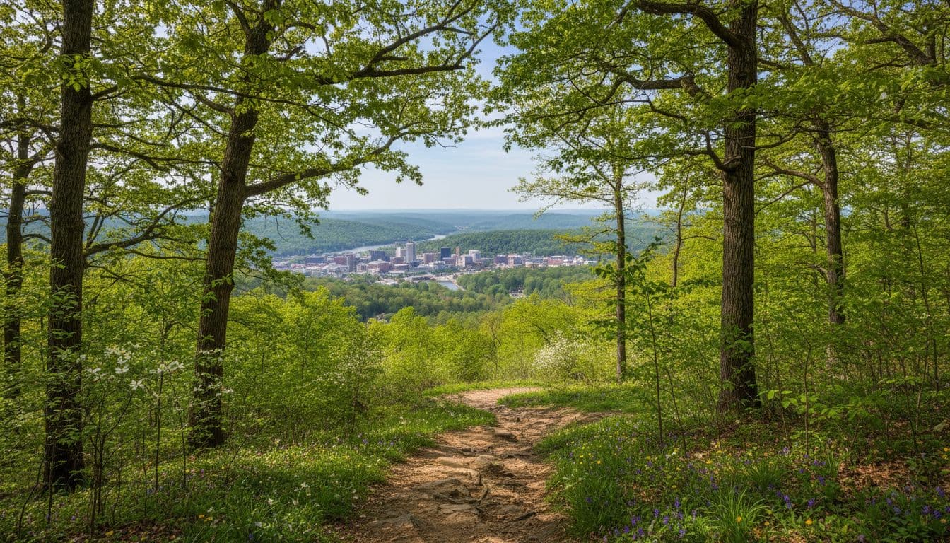 Winding trail through dense green trees leads to valley overlook with distant city skyline.