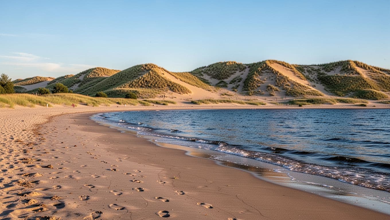 Pantai berpasir luas dengan ombak lembut yang menerpa pantai dan bukit pasir berumput di kejauhan di bawah sinar matahari sore yang lembut.