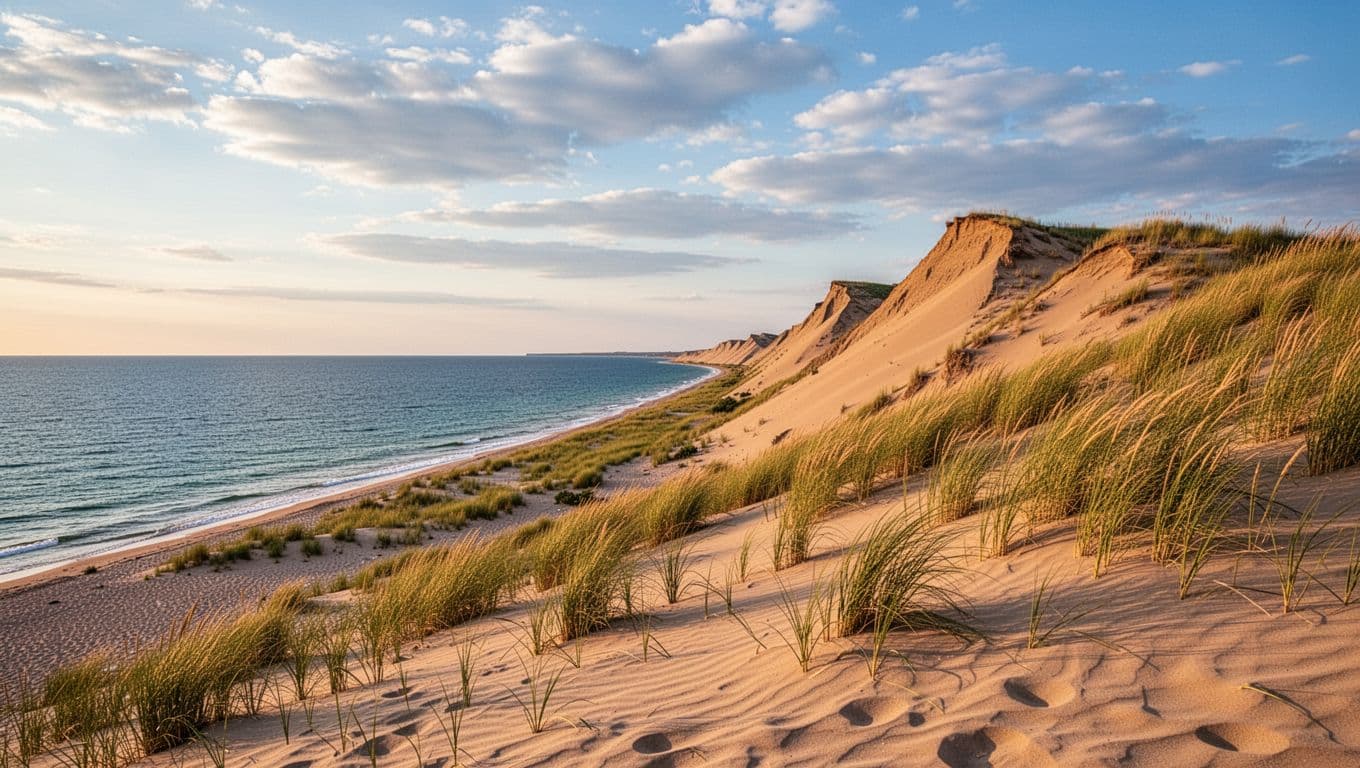 Bukit pasir keemasan yang menjulang tinggi menjulang tajam di sepanjang garis pantai Danau Michigan dengan rerumputan yang beriak dan air biru yang tenang.