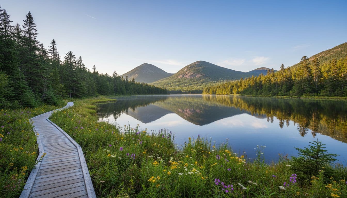 Jordan Pond's calm blue water reflects Bubbles mountains, with shoreline boardwalk trail, wildflowers, and framing pine trees.