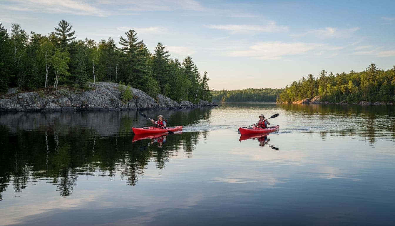 Two people paddle kayaks across a calm lake reflecting the dense pine forest and rocky shoreline.