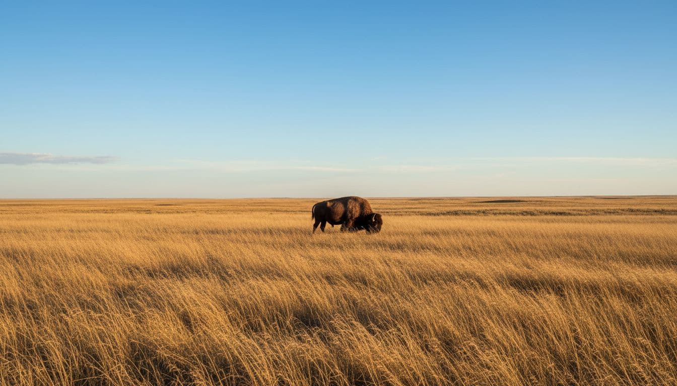 Lone bison grazes on vast rolling prairie under clear blue sky with waving grasses.