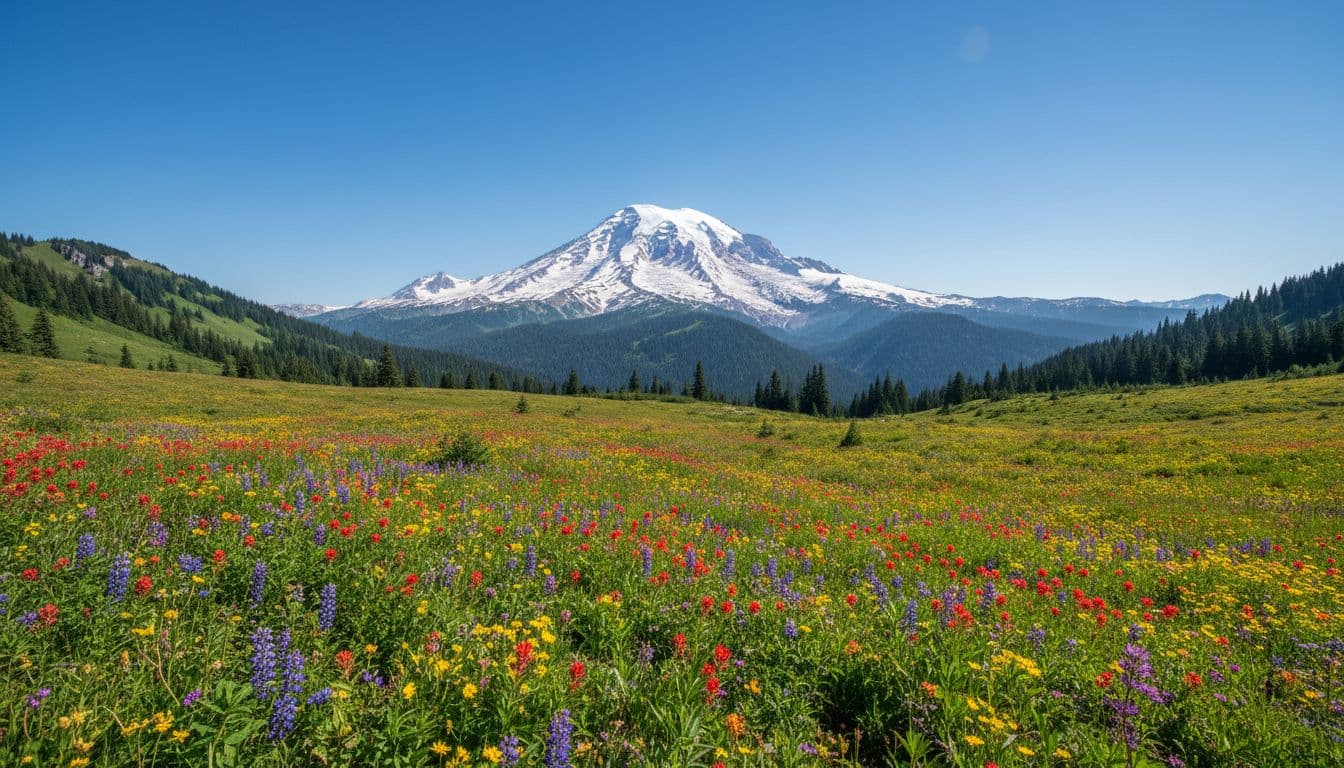 Mount Rainier peak rises above Paradise meadows with colorful wildflowers under clear blue skies.