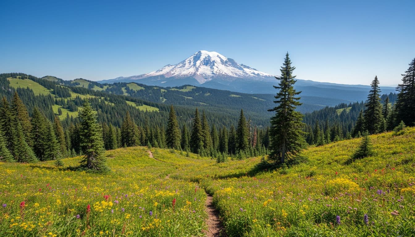 Pemandangan Gunung Rainier menjulang di atas padang rumput hijau dan hutan pinus di bawah langit cerah.