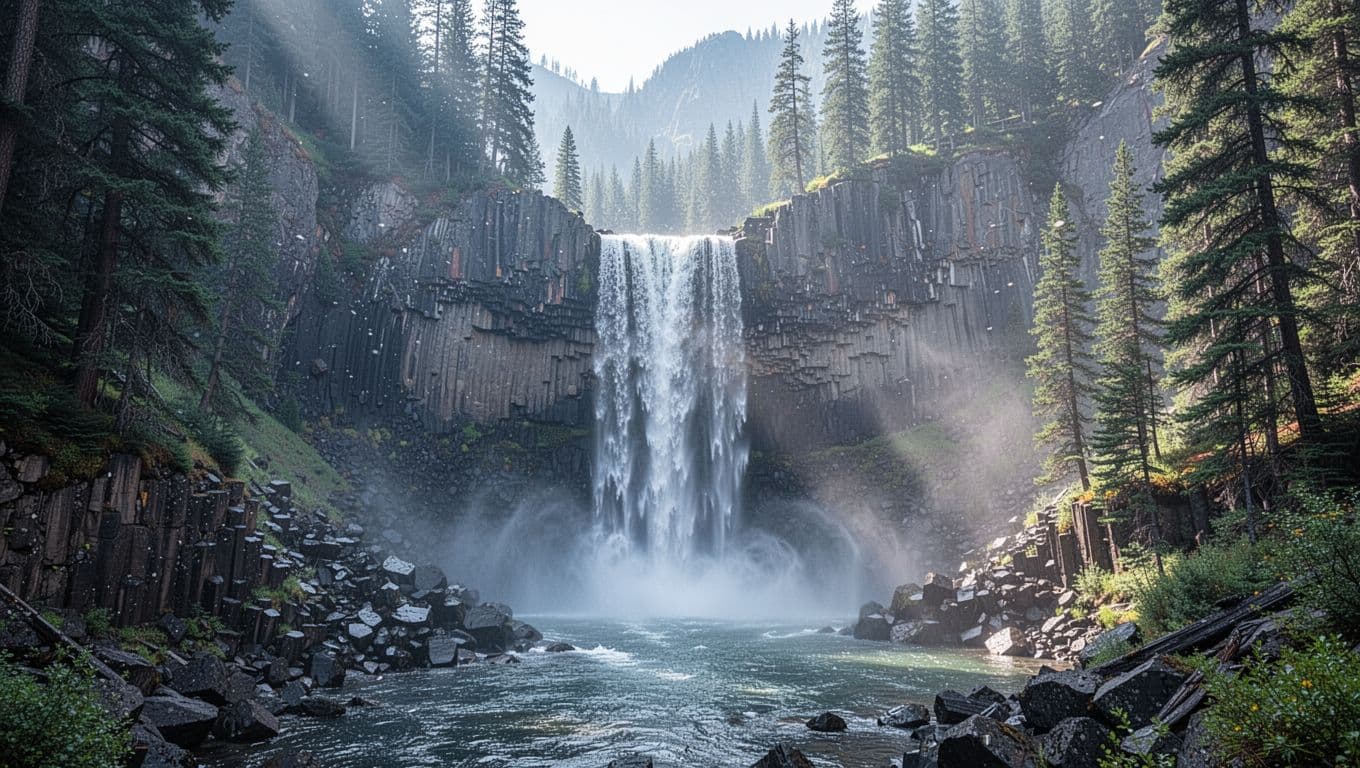 Narada Falls plunges over basalt cliffs into a misty pool surrounded by evergreen forest.