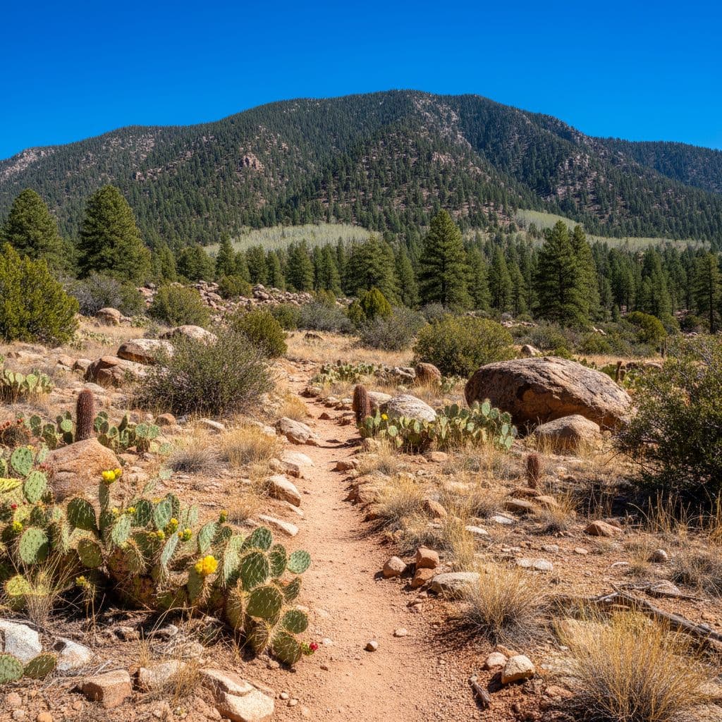 Jalur gurun kering yang dipenuhi kaktus berduri mengarah ke atas menuju hutan pinus hijau lebat yang mendaki lereng gunung. Langit biru cerah menyelimuti transisi yang berbeda di New Mexico ini.