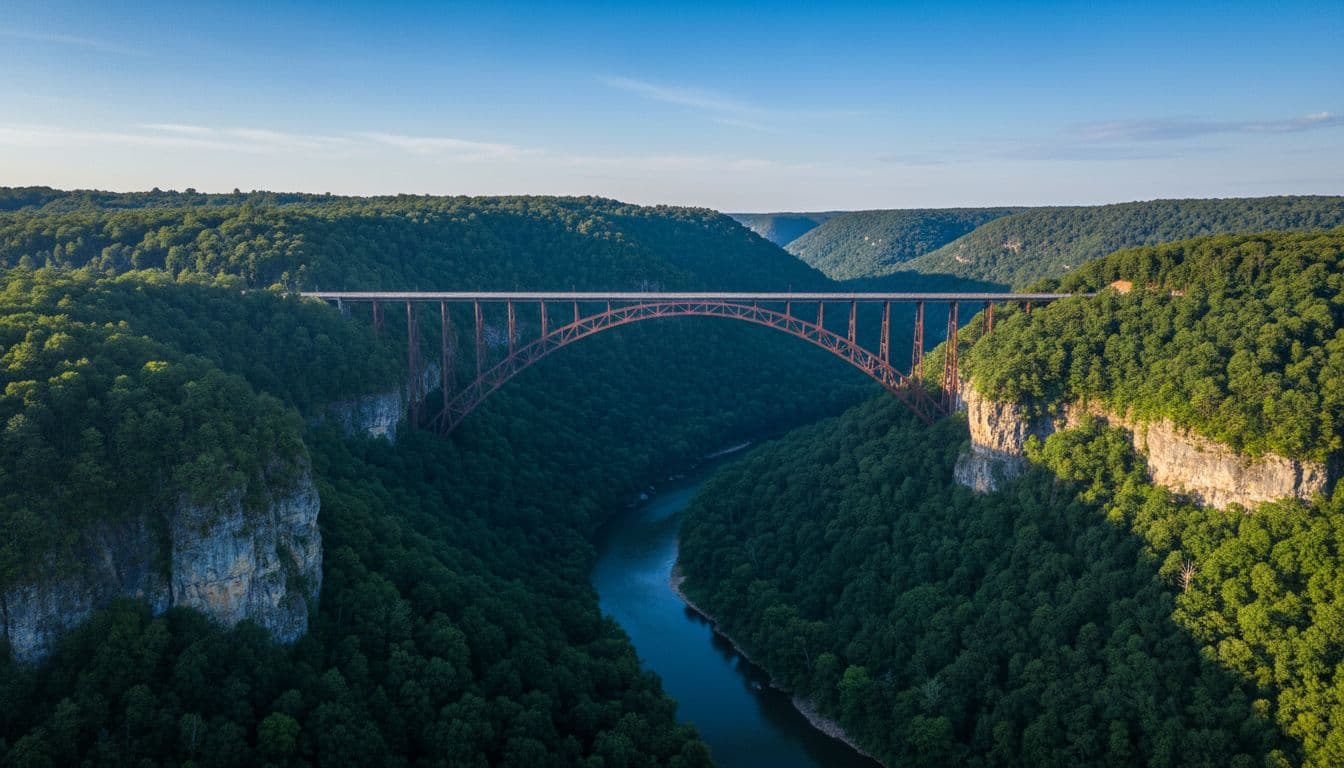 Aerial view of New River Gorge Bridge spanning deep green canyon with forested rims and winding river in morning sunlight.
