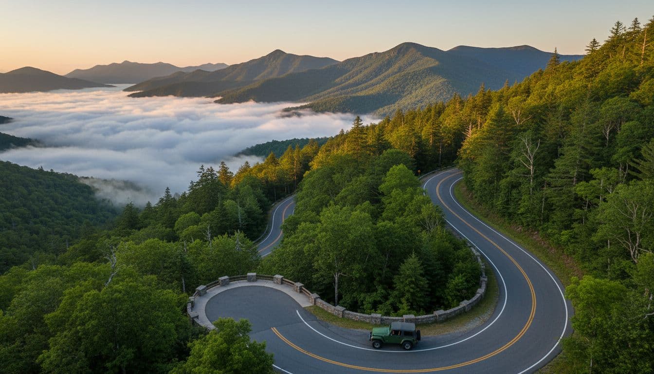 Jalan berkelok berkelok-kelok melewati hutan hijau lebat dengan pemandangan lembah yang dipenuhi kabut dan mobil kosong di tepinya.