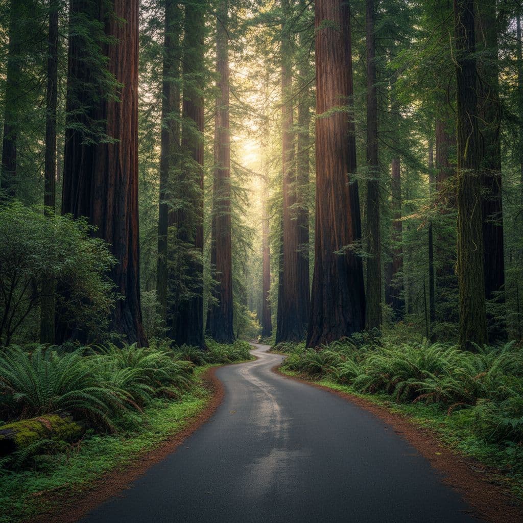A quiet road winds through a dense redwood forest filled with massive trees and lush green ferns.