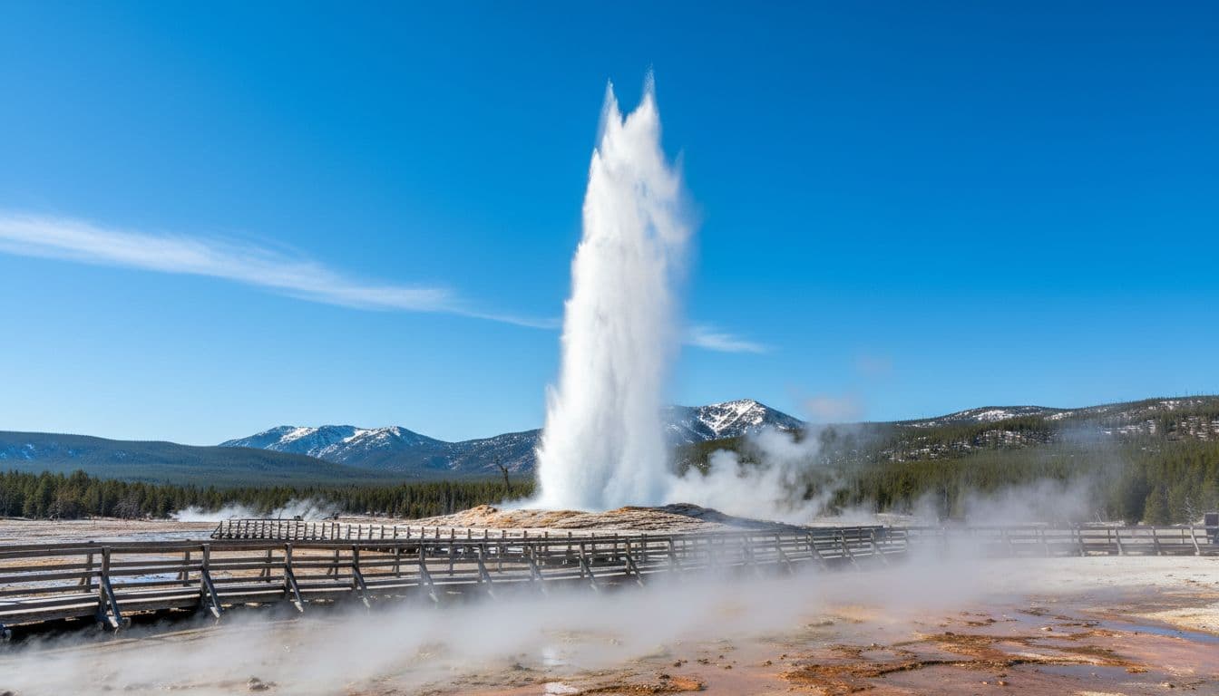 Geyser meletus tinggi ke langit biru, uap mengepul di atas trotoar kayu.