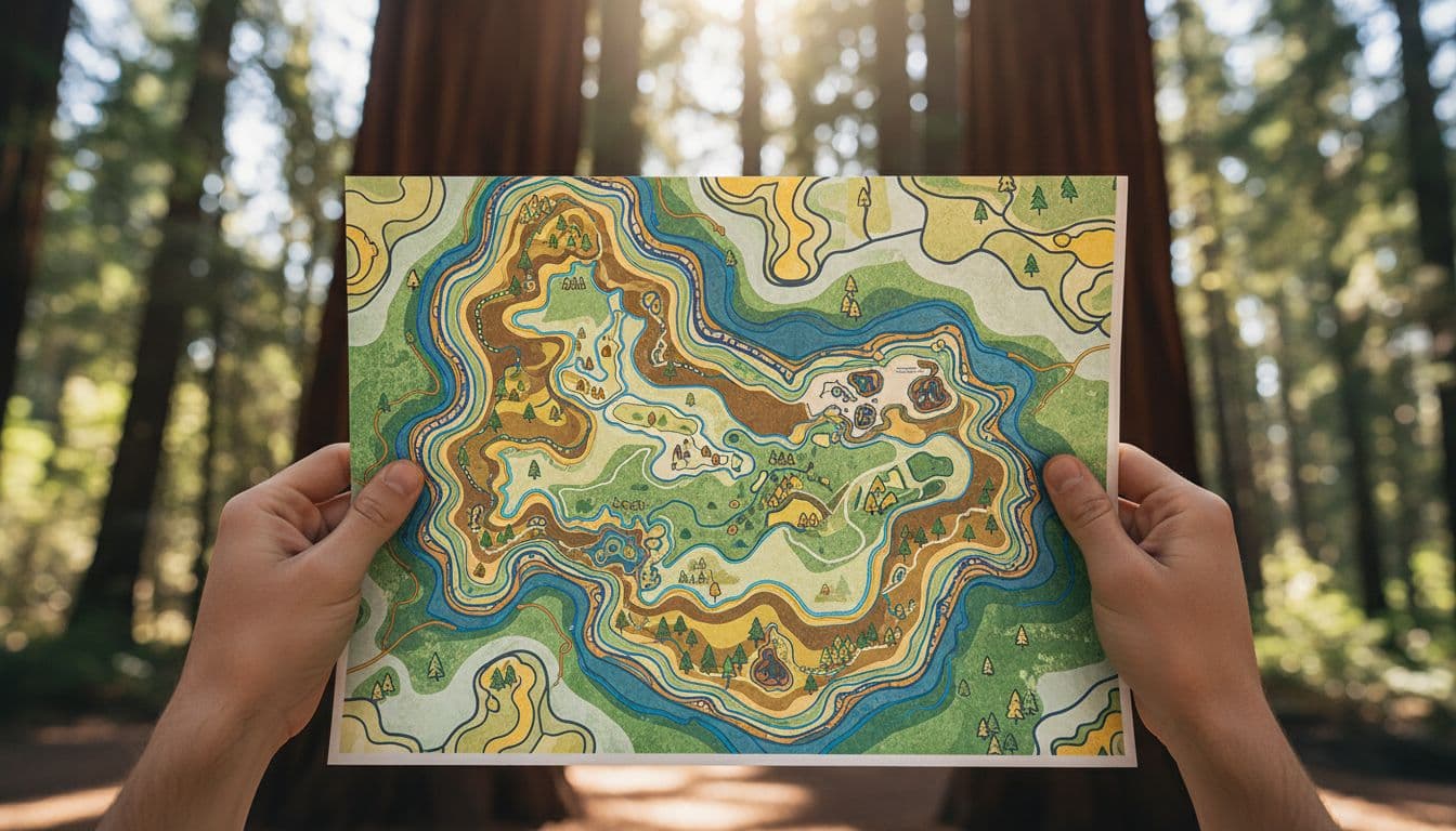 A person holds a colorful, detailed paper map while standing in a serene, sunlit redwood forest.