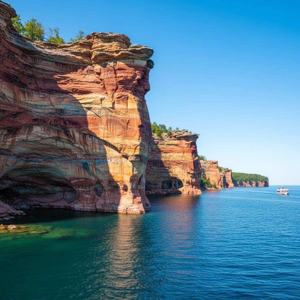 Tebing batu pasir berwarna merah dan oranye yang cerah menjulang di atas perairan biru jernih Danau Superior.