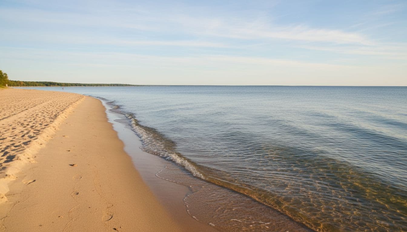 Pantai yang tenang dengan pasir lembut keemasan membentang di sepanjang air danau yang luas dan tenang berwarna biru jernih.