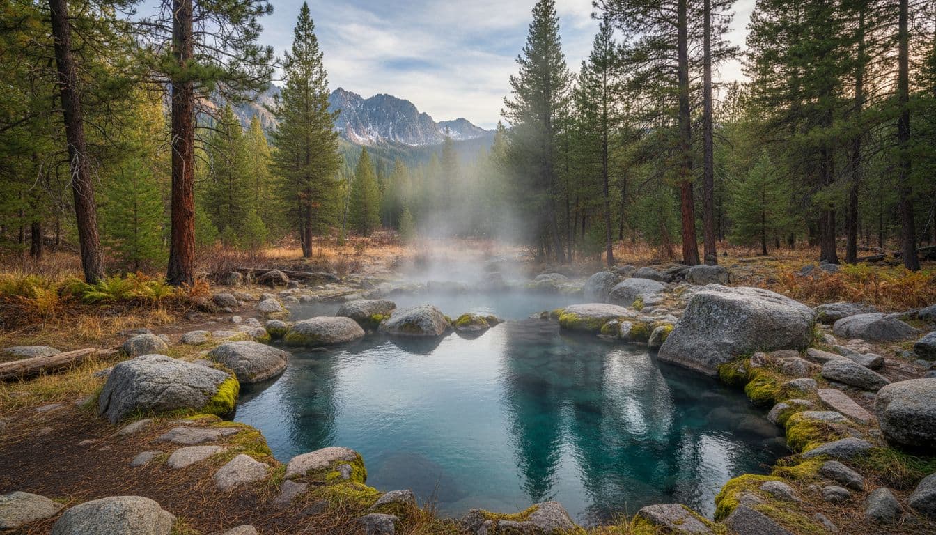 Steam rises from a natural rocky hot spring pool surrounded by dense pine trees.